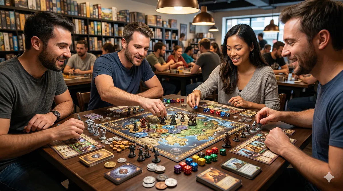 Diverse group playing a tabletop game in a board game cafe