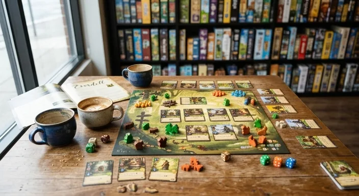 A 45-degree angle shot of a board game mid-play on a cafe table, with colorful pieces, coffee mugs, and an open rulebook, blurred shelves of games in the background.